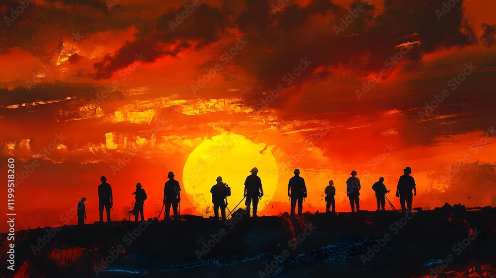 Silhouetted Workers at Sunset Enduring Fiery Sky Silhouetted Workers at Sunset Enduring Fiery Sky