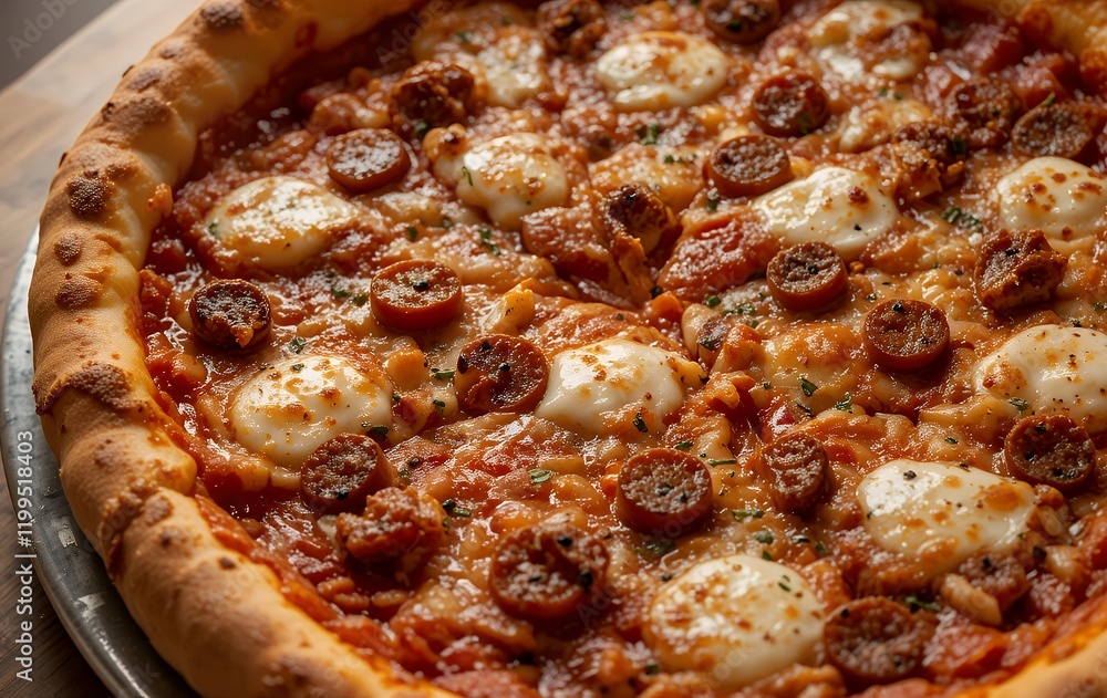 A close-up view of a gourmet pizza, showcasing a generous topping of chorizo and melted mozzarella cheese, resting on a rustic-style pizza crust A close-up view of a gourmet pizza, showcasing a generous topping of chorizo and melted mozzarella cheese, resting on a rustic-style pizza crust