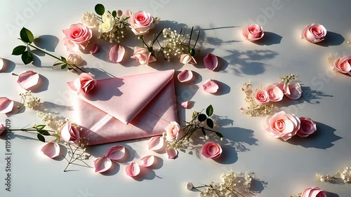 Pink Envelope Surrounded by Rose Petals and Flowers on a Bright Surface, Perfect for Romantic or Festive Occasions