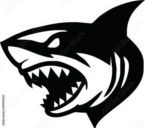 modern and simple shark silhouette logo, negative spaced shark in black color logo icon vector temple, esport wild shark logo
