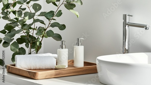 A serene bathroom setup featuring elegant soap dispensers, a soft towel, and lush greenery on a wooden tray.
