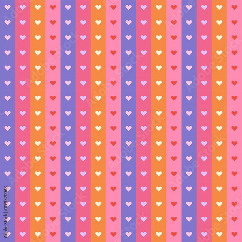 Colorful seamless pattern with small hearts on pink, purple, and orange vertical stripes. Playful and bright vector background for love-themed projects, wrapping, packaging, fabric, scrapbooking, etc.