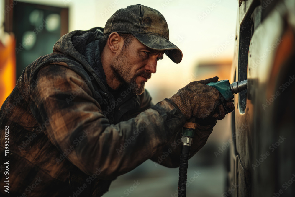 Fototapeta premium A male truck driver fuels his truck at a roadside station, wearing a trucker hat and worn gloves, ready for the next journey
