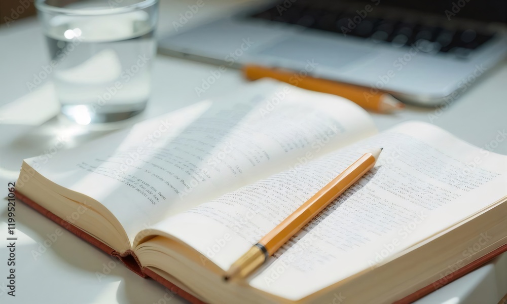 Open book, pencil, water glass, laptop; studying at home. Open book, pencil, water glass, laptop; studying at home.