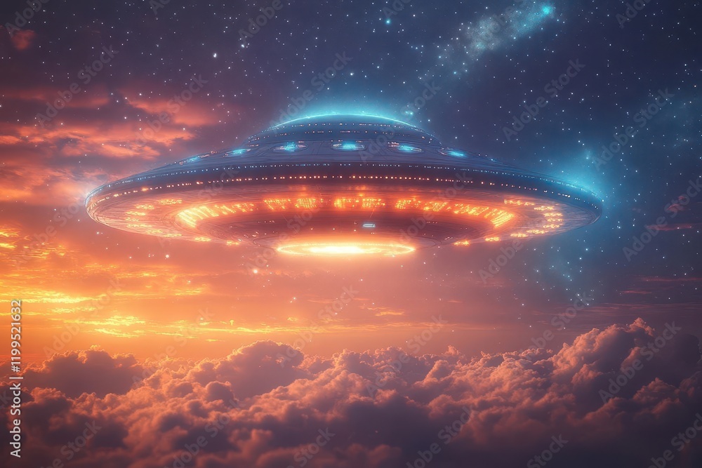 futuristic depiction of an alien ufo hovering over earth, radiating vibrant lights and creating an atmosphere of mystery and intrigue amidst a dramatic night sky filled with stars futuristic depiction of an alien ufo hovering over earth, radiating vibrant lights and creating an atmosphere of mystery and intrigue amidst a dramatic night sky filled with stars