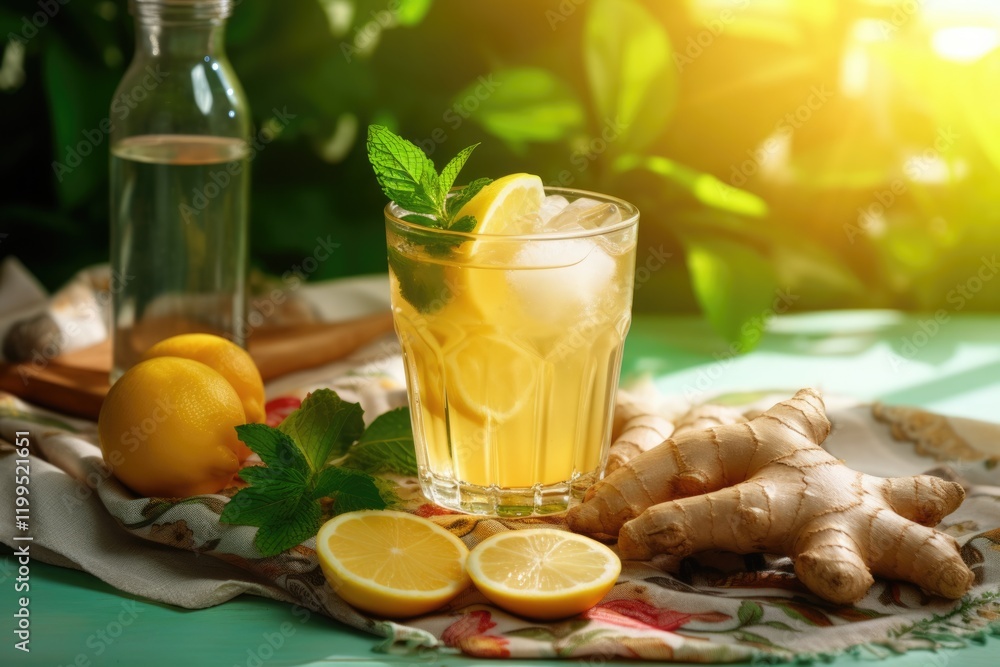Refreshing Ginger Lemonade for Summer Parties: Homemade Cold Drink with Nature-inspired Vintage Striped Towel Background Refreshing Ginger Lemonade for Summer Parties: Homemade Cold Drink with Nature-inspired Vintage Striped Towel Background