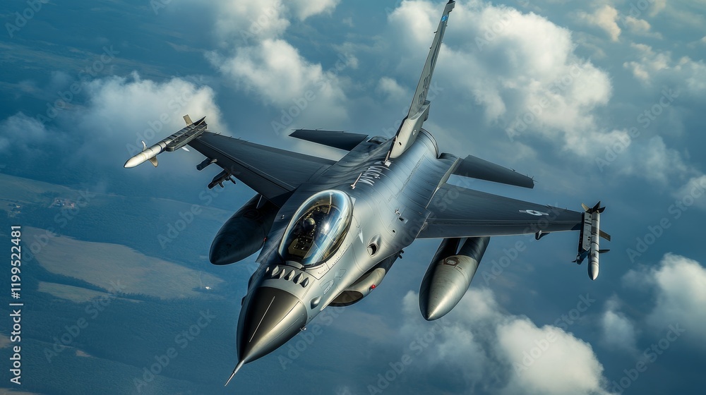 Fototapeta premium A high-tech military aircraft soaring through the skies with advanced stealth technology, cutting-edge design, and weaponry, aviation in military operations,