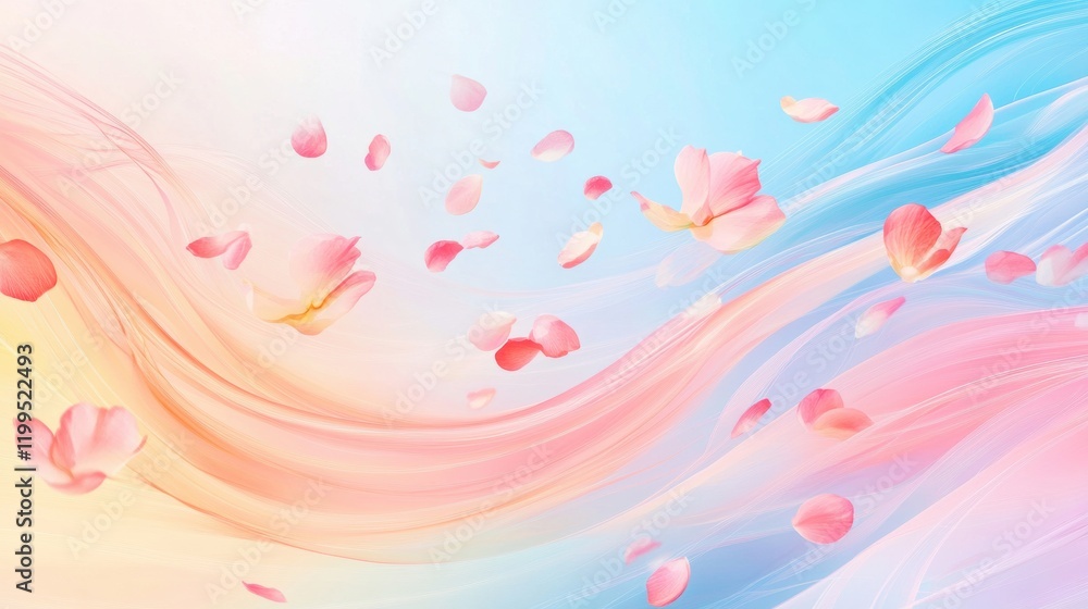 Spring abstract background with flowing pastel swirls and scattered flower petals Spring abstract background with flowing pastel swirls and scattered flower petals