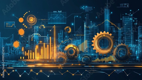 Graphic of industrial processes with gears, charts, and digital elements, illustrating technological progress and operational efficiency in business.