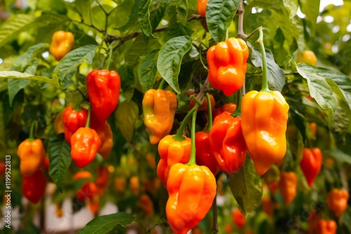 Ripe Habanero Peppers Ready to Pick from Fresh Habanero Plant - Organic Hot Chili Fruit and Food photo