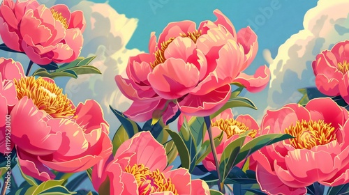 Closeup View of Pink Peony Flowers in Cartoon Style