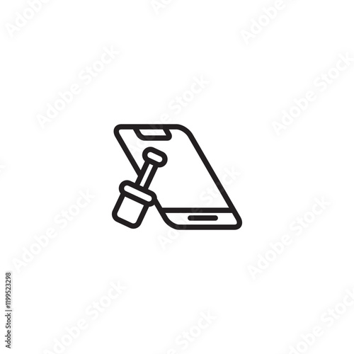 A minimalist line art icon of a smartphone with a prying tool, representing screen replacement or mobile phone repair.