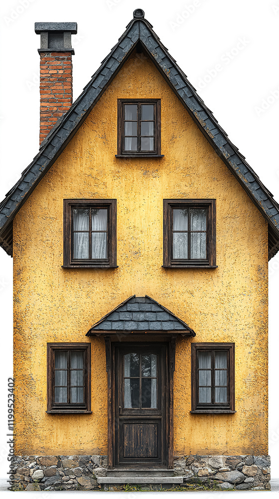 Fototapeta premium Charming yellow house with dark roof and wooden accents showcased on a clear day in a serene neighborhood setting. Generative AI