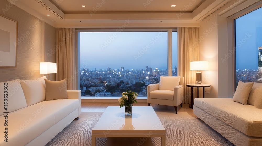 Fototapeta premium Luxury hotel interior with exclusive lighting Modern living room with city view at dusk.