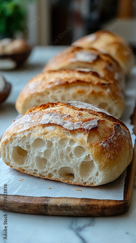 Freshly baked artisanal bread loaves arranged neatly on a wooden board in a cozy kitchen setting. Generative AI Freshly baked artisanal bread loaves arranged neatly on a wooden board in a cozy kitchen setting. Generative AI
