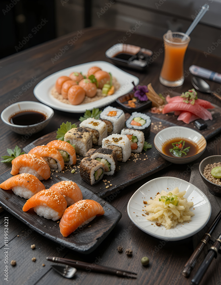 A high-angle, full shot of a diverse selection of sushi and Japanese side dishes arranged on a dark wooden table A high-angle, full shot of a diverse selection of sushi and Japanese side dishes arranged on a dark wooden table