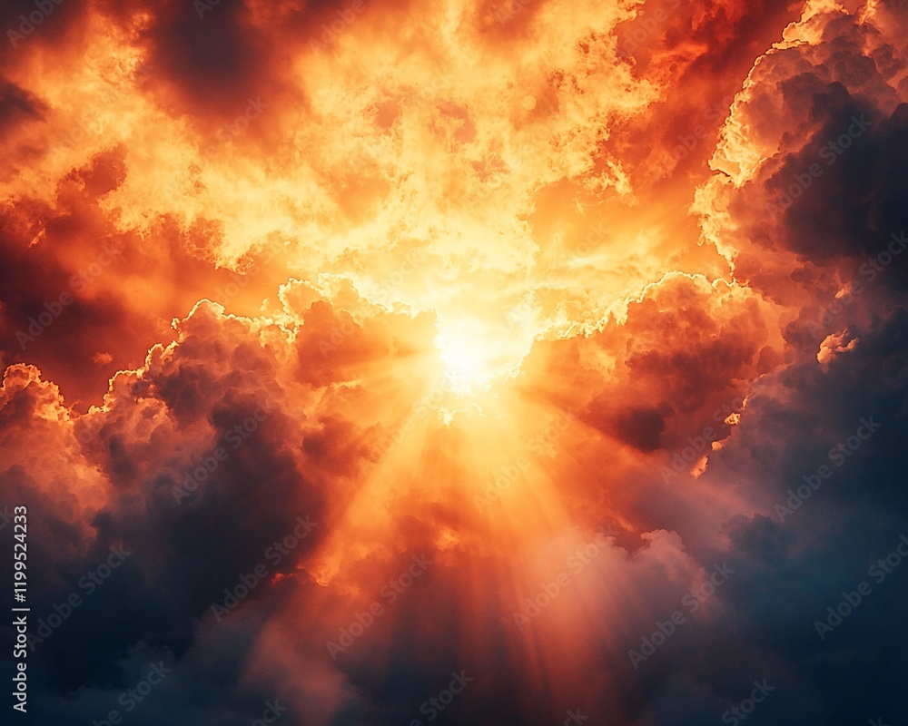 Fiery sunset with sun rays bursting through dramatic clouds. Fiery sunset with sun rays bursting through dramatic clouds.
