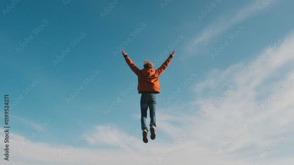 Person jumping high in the air against a clear blue sky. Person jumping high in the air against a clear blue sky.