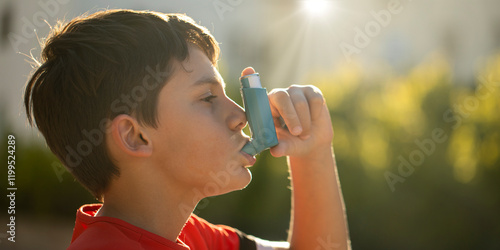 Boy using an asthma inhaler outdoors, focusing on respiratory health and inhaler usage. Close-up of a child managing asthma symptoms with a medical device during a sunny day in a natural setting