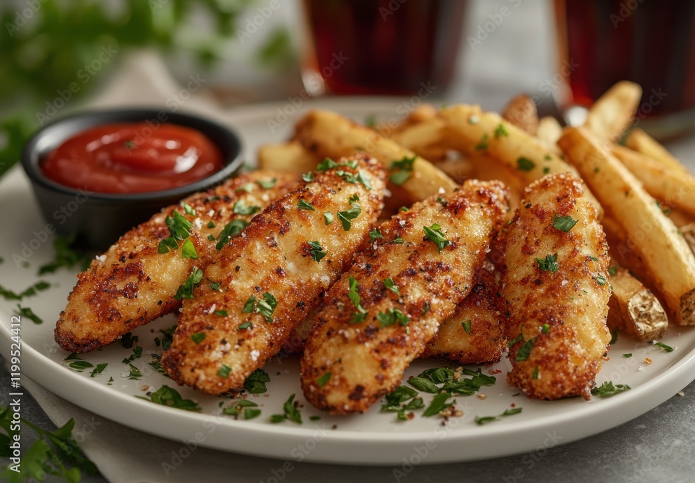Crispy Fried Chicken Tenders Served with French Fries and Ketchup on a White Plate Garnished with Fresh Parsley in a Cozy Dining Setting Crispy Fried Chicken Tenders Served with French Fries and Ketchup on a White Plate Garnished with Fresh Parsley in a Cozy Dining Setting