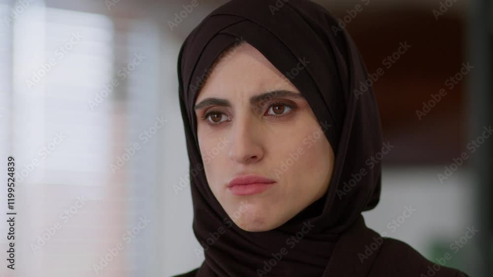 Upset islamic woman Muslim ethnic Islam girl in hijab Arabian worried sad eyes female businesswoman business portrait indoors arabic lady frustrated face looking at camera medical problem health care Upset islamic woman Muslim ethnic Islam girl in hijab Arabian worried sad eyes female businesswoman business portrait indoors arabic lady frustrated face looking at camera medical problem health care