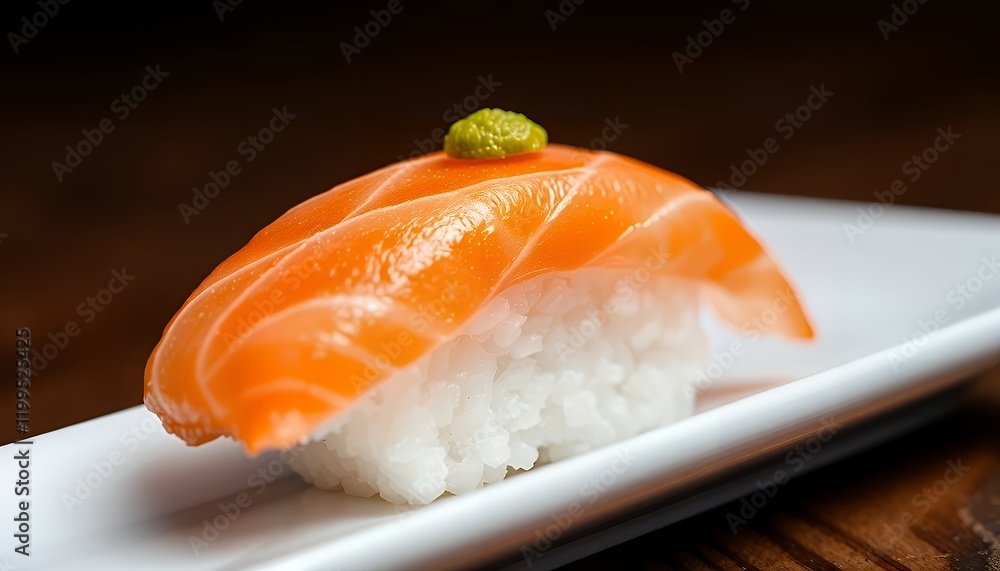 A close-up shot of a single salmon nigiri sushi piece on a white plate A close-up shot of a single salmon nigiri sushi piece on a white plate
