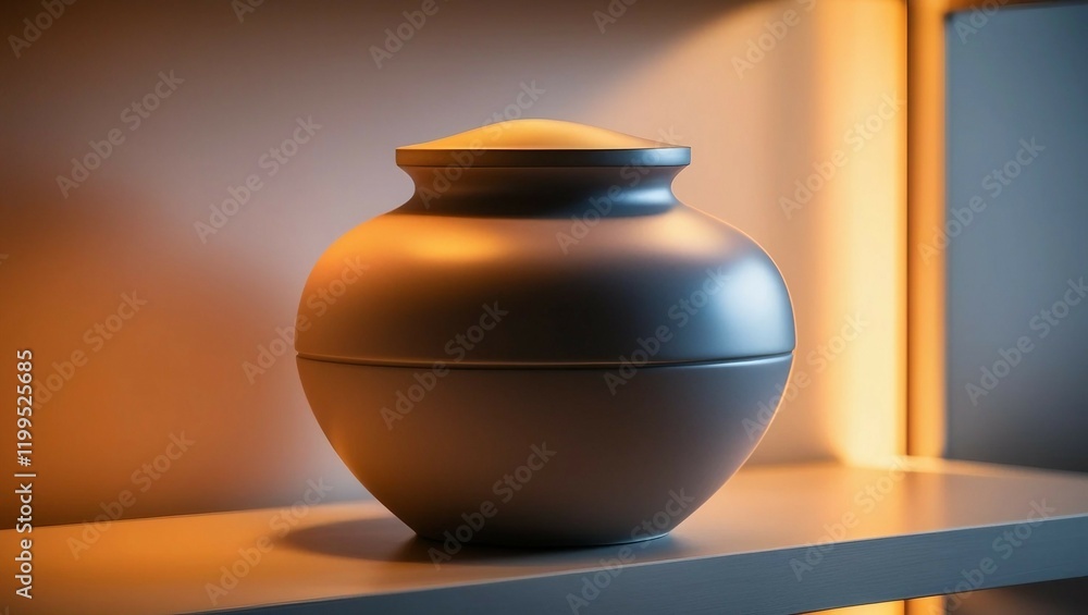Modern ceramic cremation urn with minimalist design on a shelf Modern ceramic cremation urn with minimalist design on a shelf