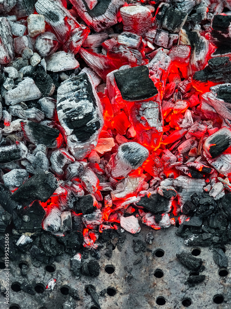 Glowing charcoal embers provide warmth and energy for outdoor cooking during an evening barbecue gathering Glowing charcoal embers provide warmth and energy for outdoor cooking during an evening barbecue gathering