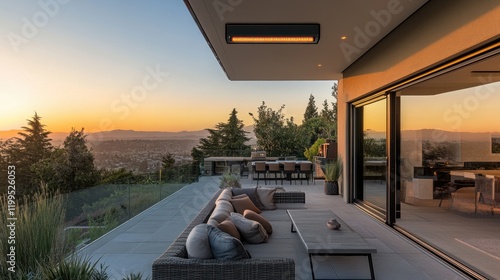 A stylish infrared heater installed in a modern outdoor patio area. photo