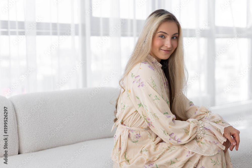 portrait of cute caucasian female in dress on sofa portrait of cute caucasian female in dress on sofa