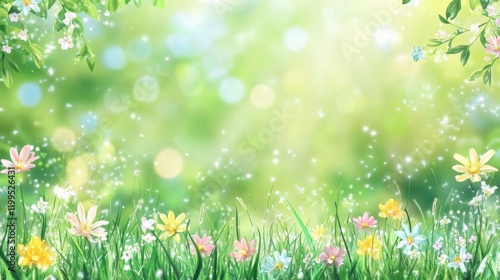 Spring background with dew-covered grass and scattered wildflowers