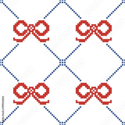 Cute red ribbon.Cross Stitch embroidery seamless.Geometric pixel ethnic patterns background texture.Beautiful trendy Nordic folk art background design for products, fabric, print, wrapping,decorate.