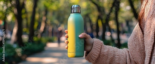 Woman's hand holding a stylish two-toned water bottle outdoors.