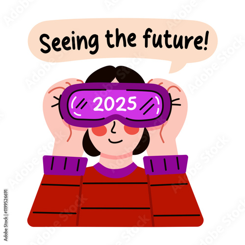 A flat sticker of a character wearing 2025 glasses with seeing the future typography