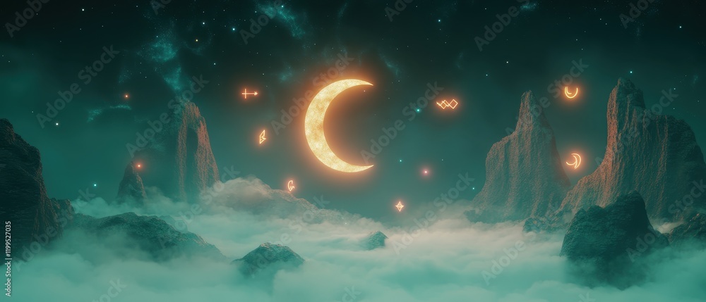 Fototapeta premium Celestial landscape featuring a glowing moon and mystical symbols in a vibrant purple atmosphere