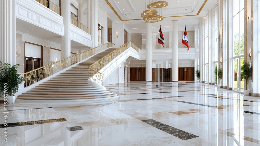 Obraz premium Luxury hotel interior with exclusive lighting Elegant lobby with a grand staircase and large windows.