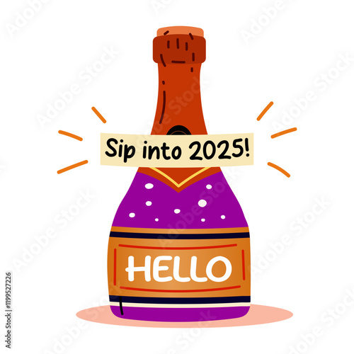 A flat sticker of a champagne bottle with sip into 2025 typography