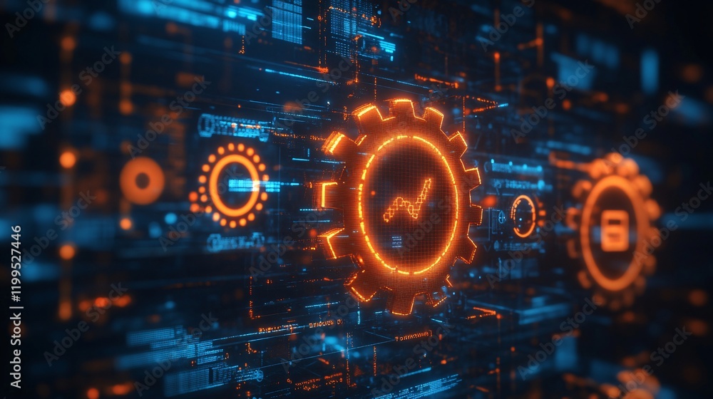 Business process automation concept with gears and icons on a digital background, illustrating efficiency, innovation, and modern business solutions. Business process automation concept with gears and icons on a digital background, illustrating efficiency, innovation, and modern business solutions.