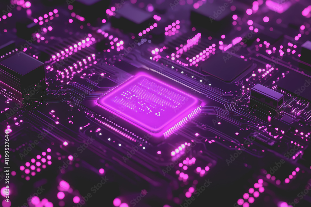 AI marketing social media chip illustration cover image, purple-blue glow, connections. AI marketing social media chip illustration cover image, purple-blue glow, connections.