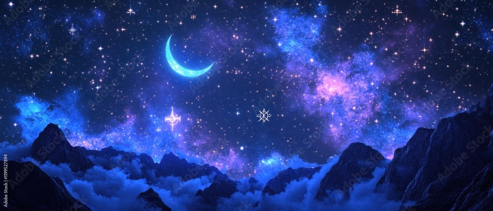 Fototapeta premium Celestial landscape featuring a glowing moon and mystical symbols in a vibrant purple atmosphere