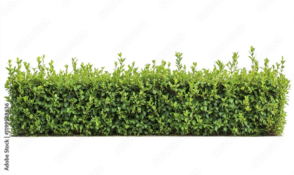 A photorealistic image of a green hedge with neatly trimmed leaves along the edge, set against a white background A photorealistic image of a green hedge with neatly trimmed leaves along the edge, set against a white background