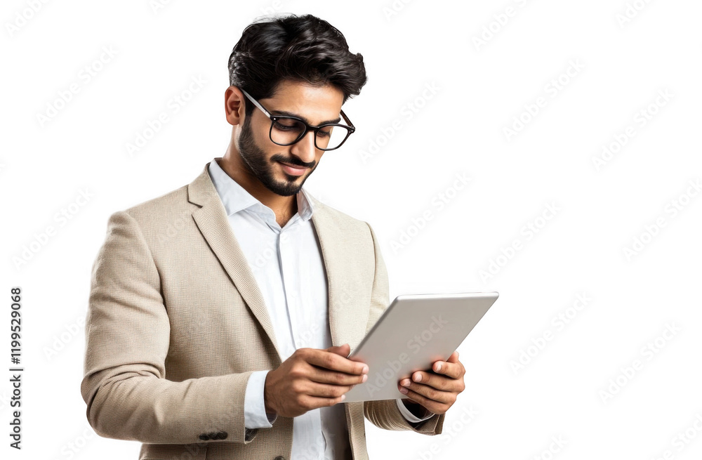 Handsome businessman using a tablet and working, isolated on transparent background Handsome businessman using a tablet and working, isolated on transparent background
