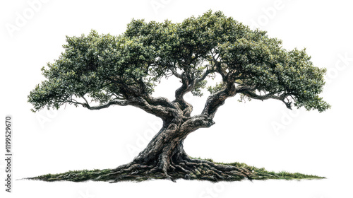 A beautifully detailed illustration of a tree with lush foliage and a gnarled trunk against a white background.