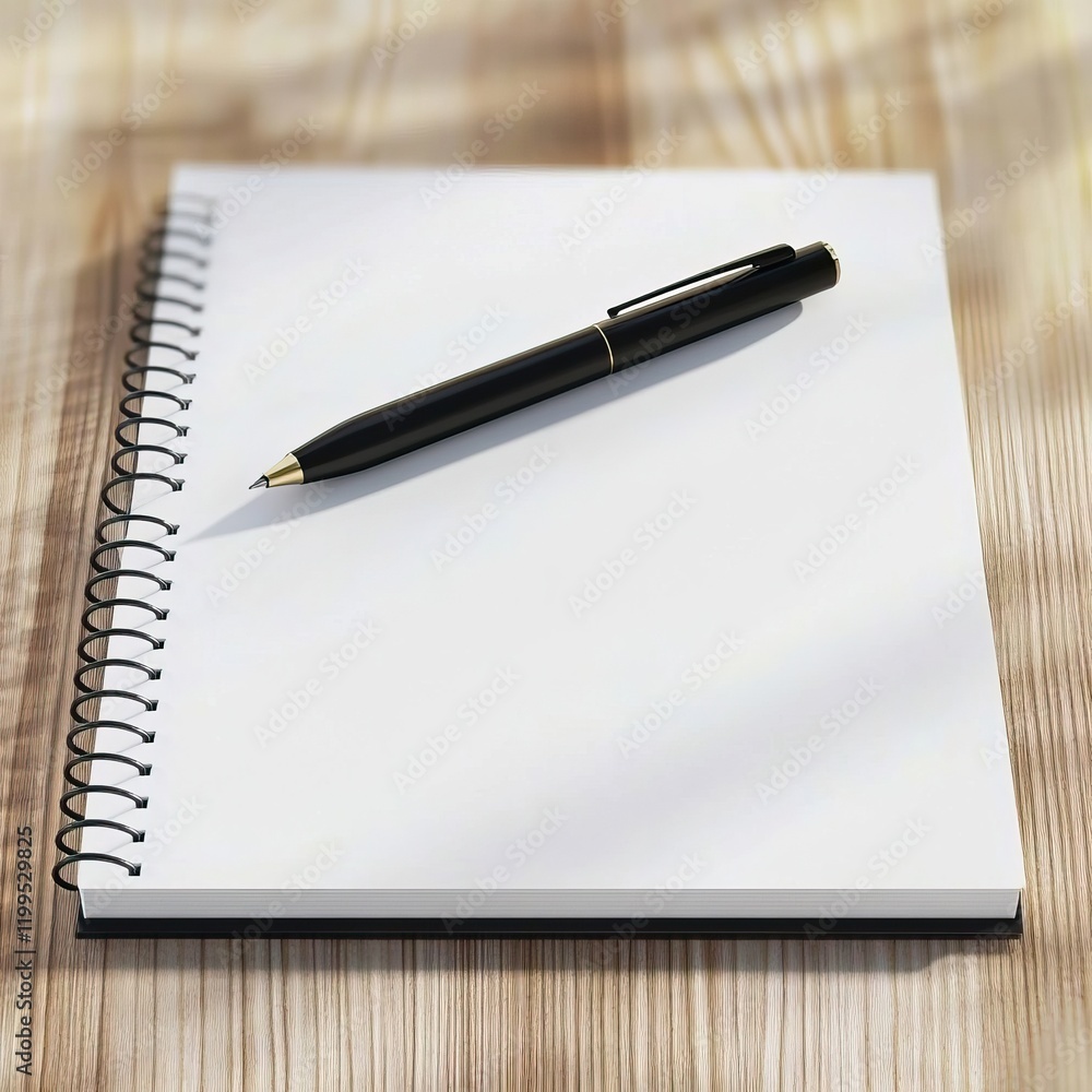 Black pen on white notebook on wooden table, blurred background emphasizing writing and drawing, symbolizing creativity and planning in personal work or study. Black pen on white notebook on wooden table, blurred background emphasizing writing and drawing, symbolizing creativity and planning in personal work or study.