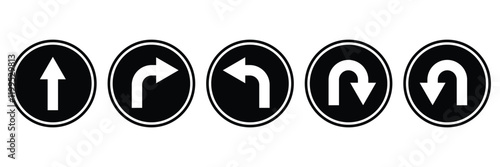 Go Straight This Way One Way Only U Turn Left and Right Blue and White Arrow Round Circle Traffic Sign Direction Icon Set. Vector Illustration.