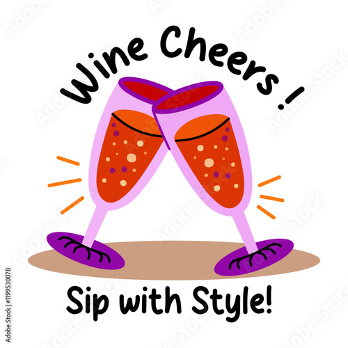 A flat sticker of celebration drinks with wine cheers text written above
