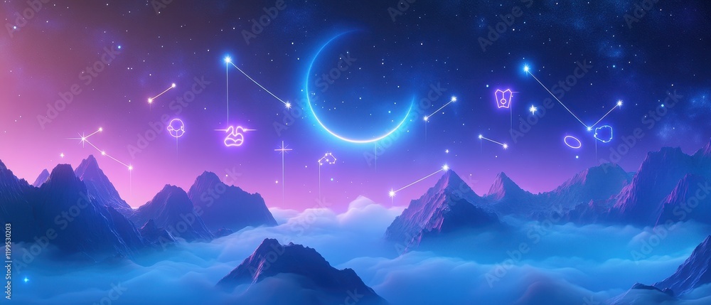Fototapeta premium Celestial landscape featuring a glowing moon and mystical symbols in a vibrant purple atmosphere