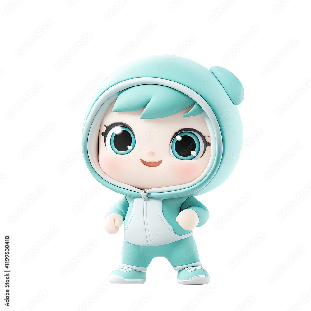Playful animated character in mint green outfit creative design digital art whimsical front view fun concept Playful animated character in mint green outfit creative design digital art whimsical front view fun concept