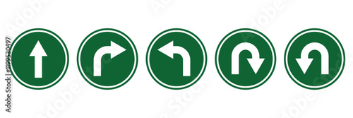 Go Straight This Way One Way Only U Turn Left and Right Blue and White Arrow Round Circle Traffic Sign Direction Icon Set. Vector Illustration.