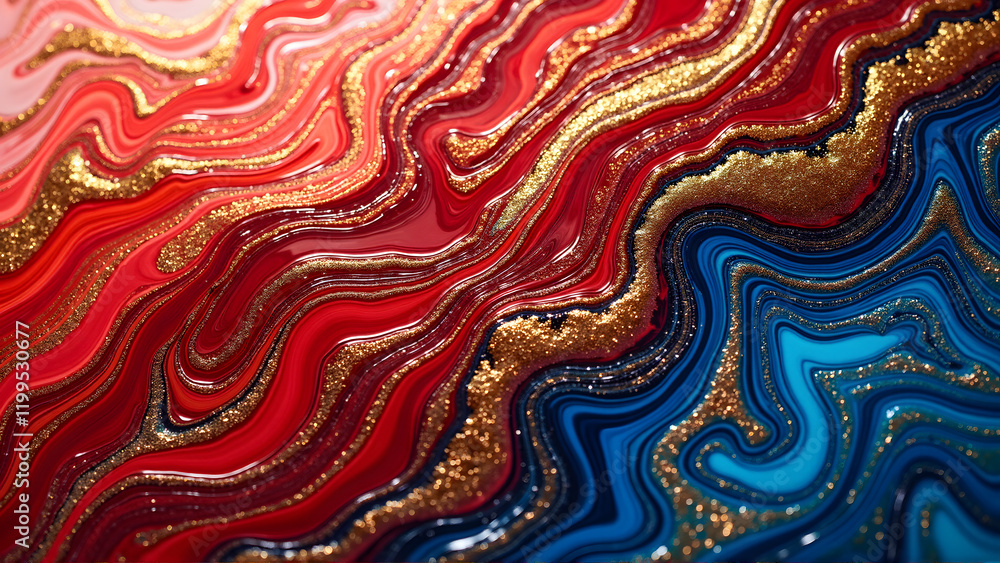 Abstract artwork featuring flowing red, blue, and gold waves with glitter accents, creating a luxurious and vibrant design for artistic and decorative purposes. Abstract artwork featuring flowing red, blue, and gold waves with glitter accents, creating a luxurious and vibrant design for artistic and decorative purposes.